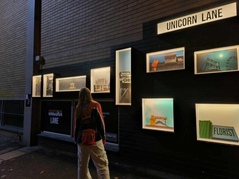 Viewer looking at Sara Nash exhibition in Unicorn Lane space in the evening.